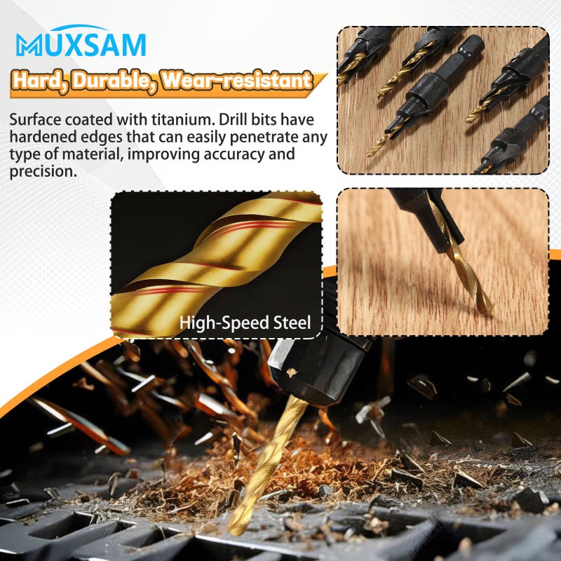 MUXSAM 1/4 inch Hex Shank Countersink Drill Bit Power Tools Accessories for Plastic Metal Woodworking Tool by Power Drill 5Pcs/Set #5#6#8#10#12 (Gold) - Image 4